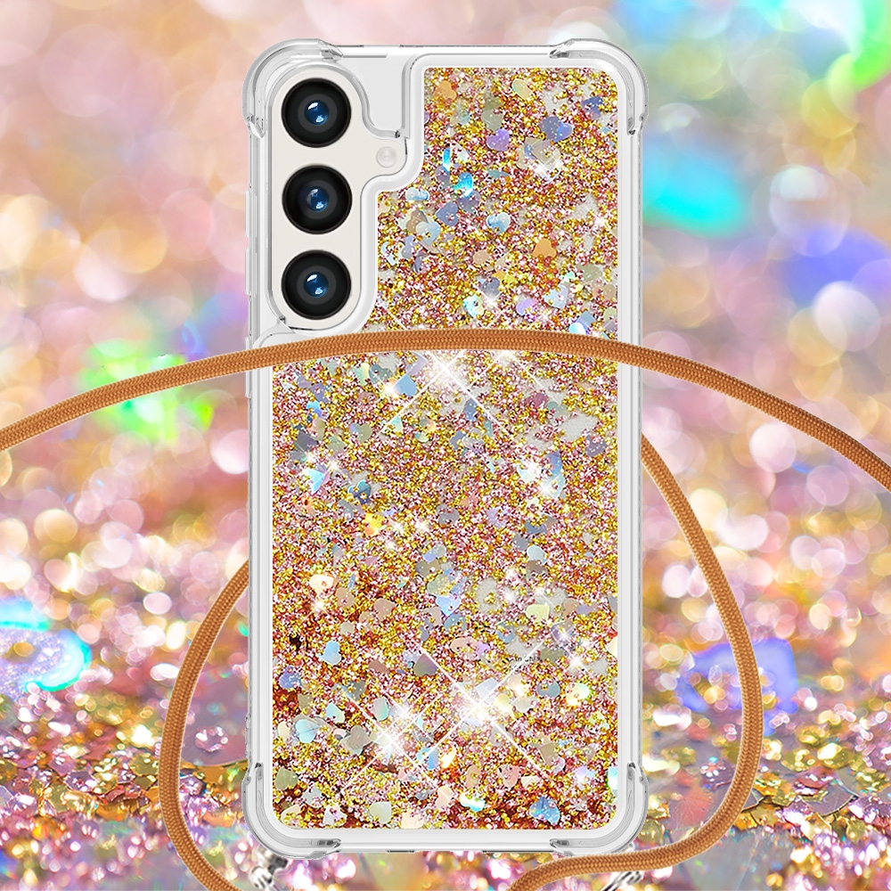 Glitters přesýpací gelový obal se šňůrkou na Samsung Galaxy S26+ - zlatý/srdíčka
