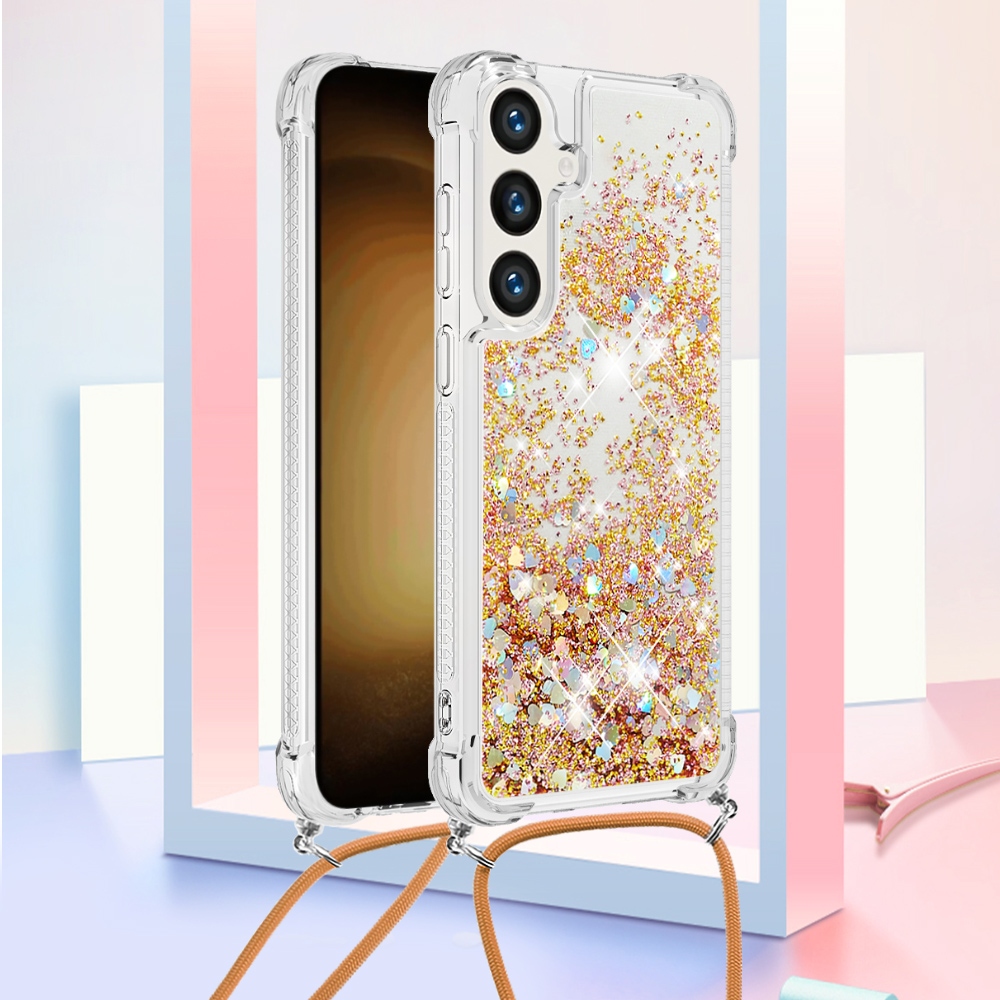 Glitters přesýpací gelový obal se šňůrkou na Samsung Galaxy S26+ - zlatý/srdíčka