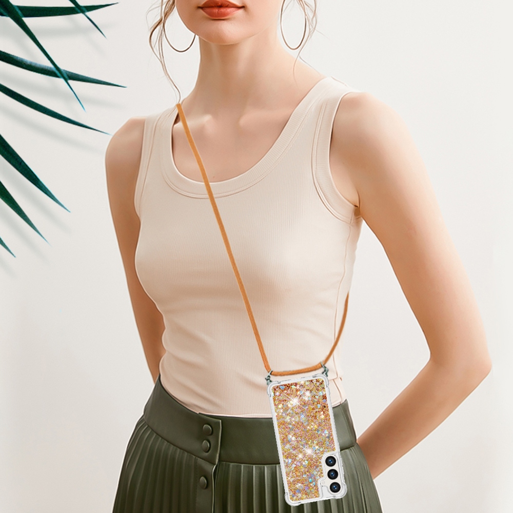 Glitters přesýpací gelový obal se šňůrkou na Samsung Galaxy S26+ - zlatý/srdíčka