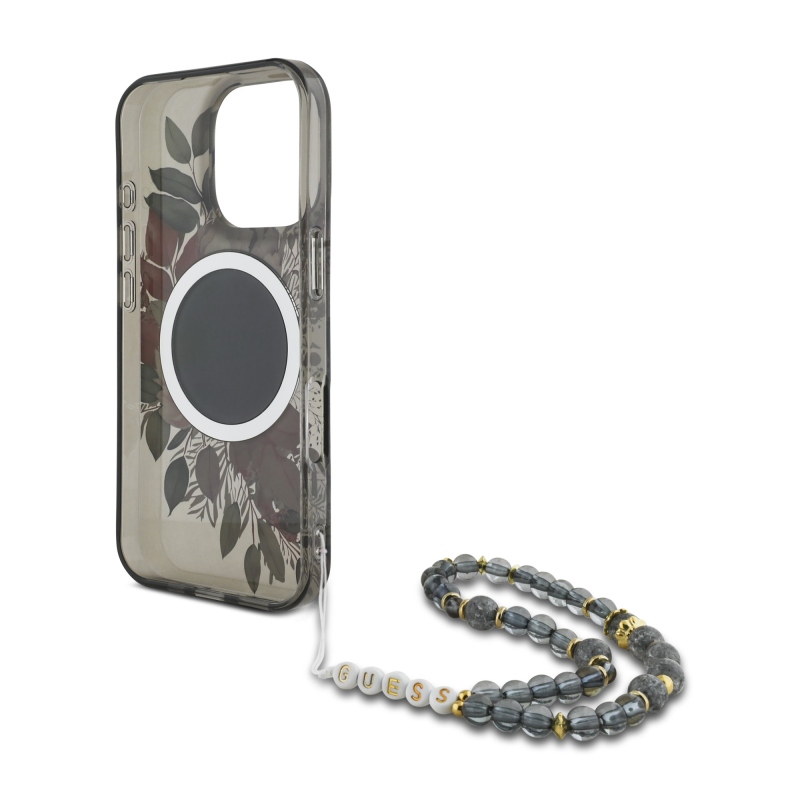 Guess IML Flowers Pearl Strap MagSafe Zadní Kryt pro iPhone 16 Pro Max Black