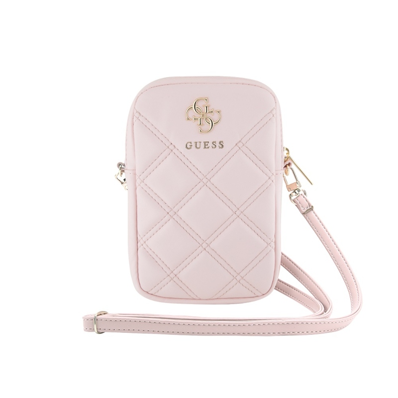 Guess PU Quilted 4G Metal Logo Taška na Telefon se Zipem Pink