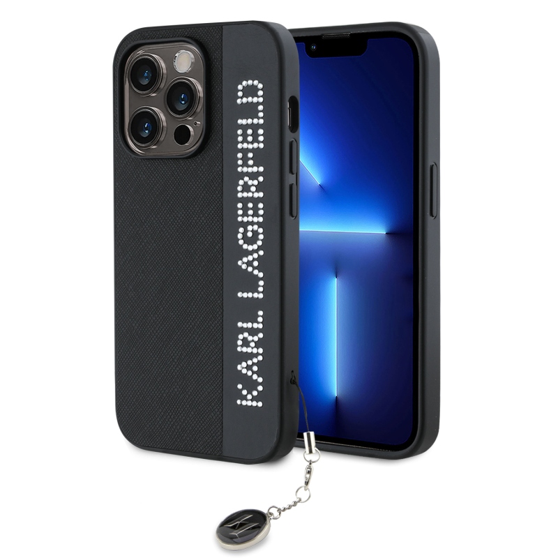 Karl Lagerfeld PU Saffiano Rhinestone Charm Zadní Kryt pro iPhone 14 Pro Max Black
