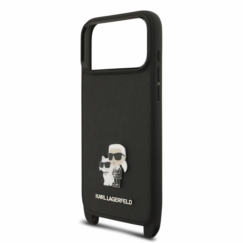 Karl Lagerfeld Saffiano Crossbody Popruh Metal Karl and Choupette Zadní Kryt pro iPhone 18 Pro Black