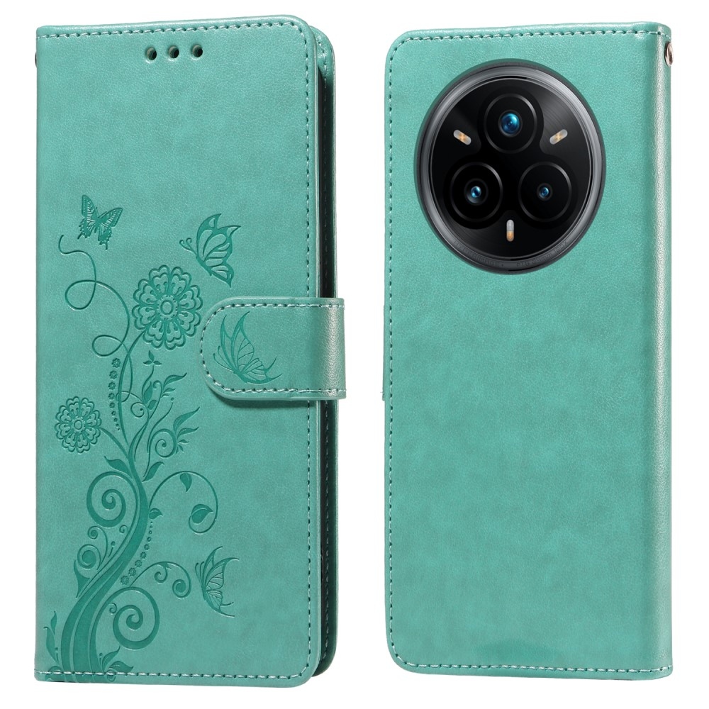 Flowery knížkové pouzdro na Realme 14 Pro+ 5G - modrozelené
