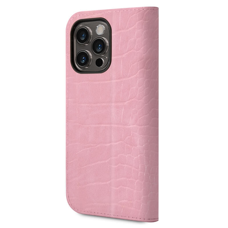 Guess croco zavírací pouzdro s imitací kůže na iPhone 14 Pro - růžové