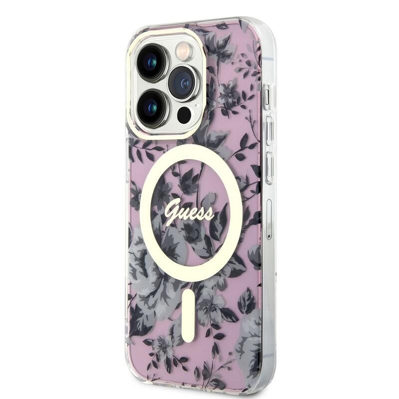 Guess flowers IML gelový obal s pevnými zády s MagSafe na iPhone 14 Pro - růžový