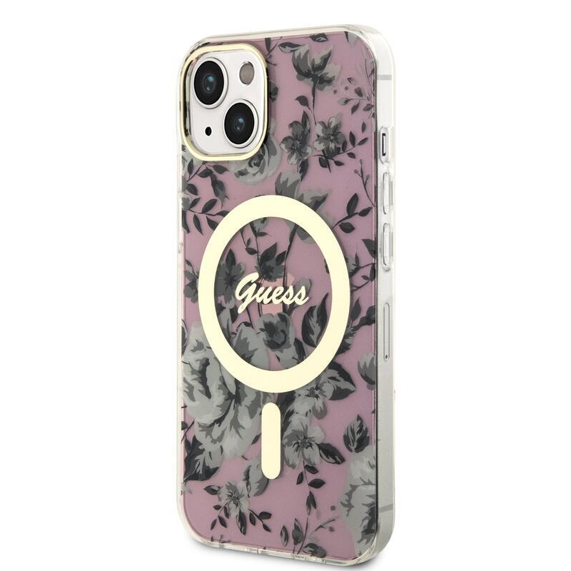 Guess flowers IML gelový obal s pevnými zády s MagSafe na iPhone 14 - růžový