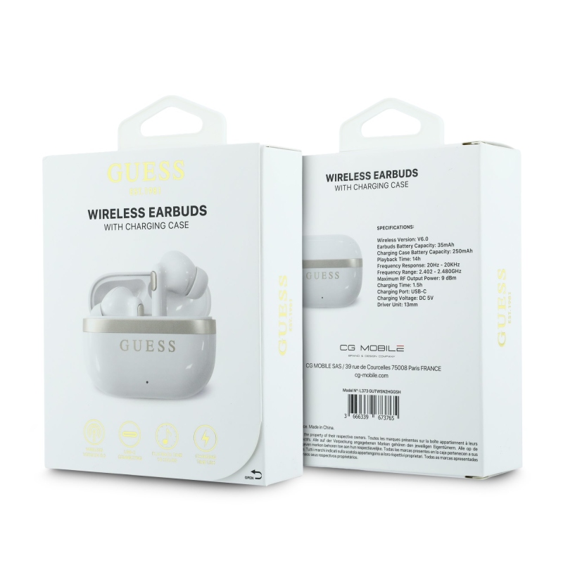 Guess Gold Line Glossy Finish TWS Bezdrátová Sluchátka White