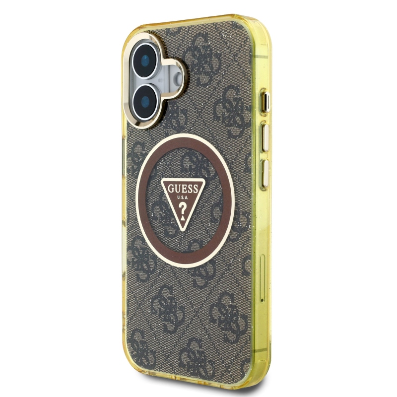 Guess IML 4G Glitter and Triangle Logo MagSafe Zadní Kryt pro iPhone 16 Brown