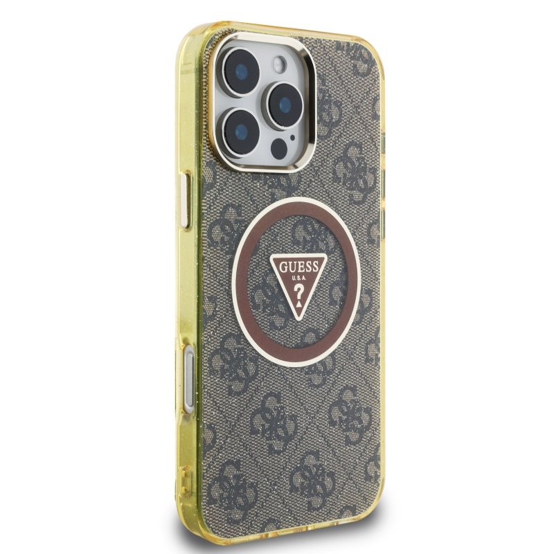 Guess IML 4G Glitter and Triangle Logo MagSafe Zadní Kryt pro iPhone 16 Pro Max Brown