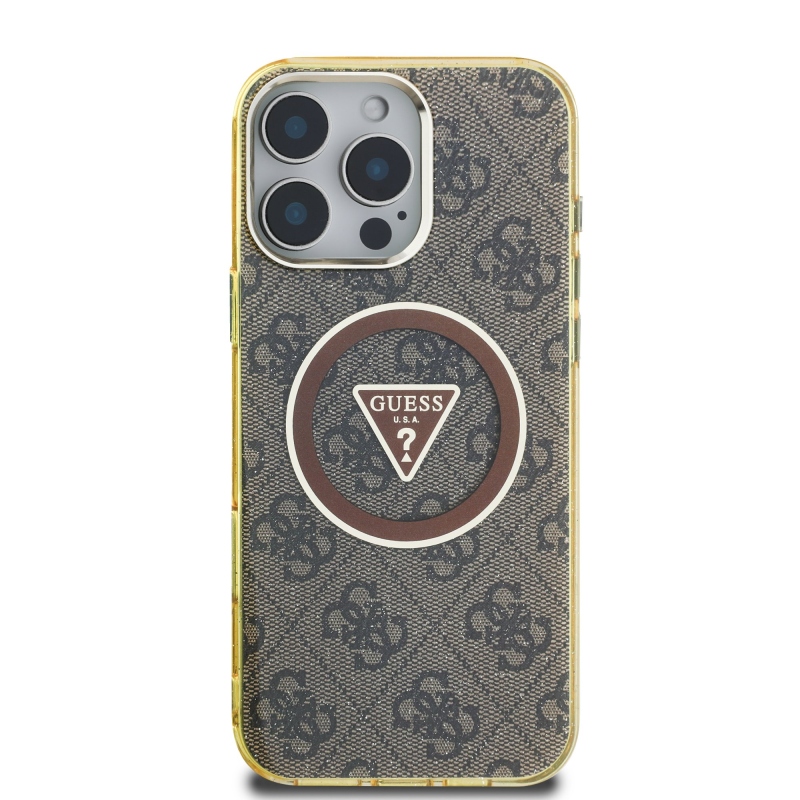 Guess IML 4G Glitter and Triangle Logo MagSafe Zadní Kryt pro iPhone 16 Pro Max Brown