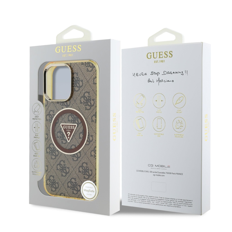 Guess IML 4G Glitter and Triangle Logo MagSafe Zadní Kryt pro iPhone 16 Pro Max Brown