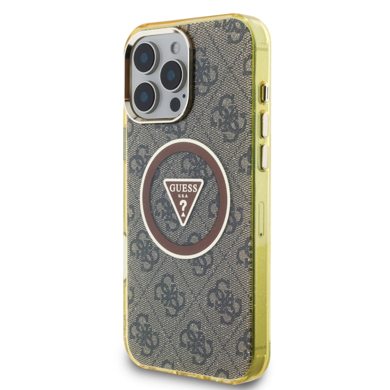 Guess IML 4G Glitter and Triangle Logo MagSafe Zadní Kryt pro iPhone 16 Pro Max Brown