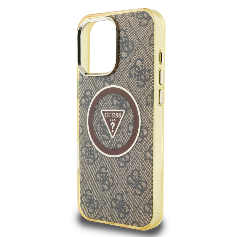 Guess IML 4G Glitter and Triangle Logo MagSafe Zadní Kryt pro iPhone 16 Pro Max Brown