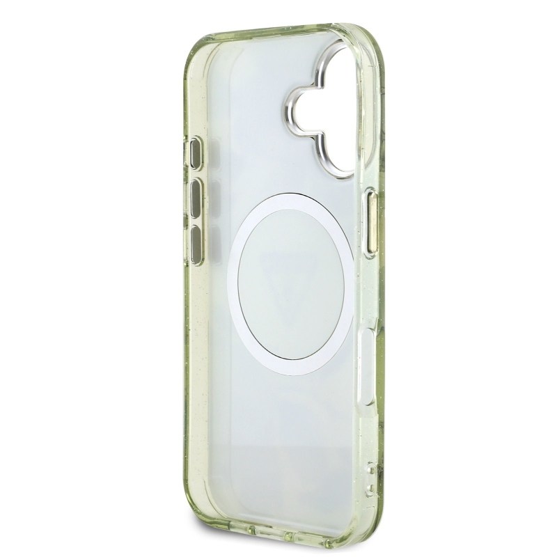 Guess IML Glitter Magnolia and Triangle Logo MagSafe Zadní Kryt pro iPhone 16 Green