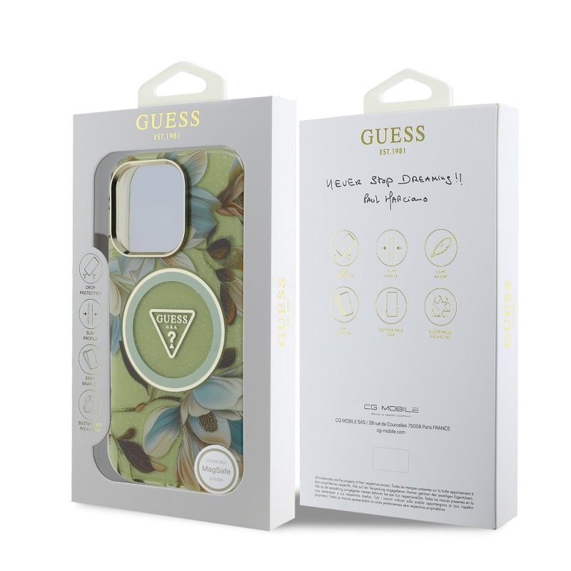 Guess IML Glitter Magnolia and Triangle Logo MagSafe Zadní Kryt pro iPhone 16 Pro Max Green