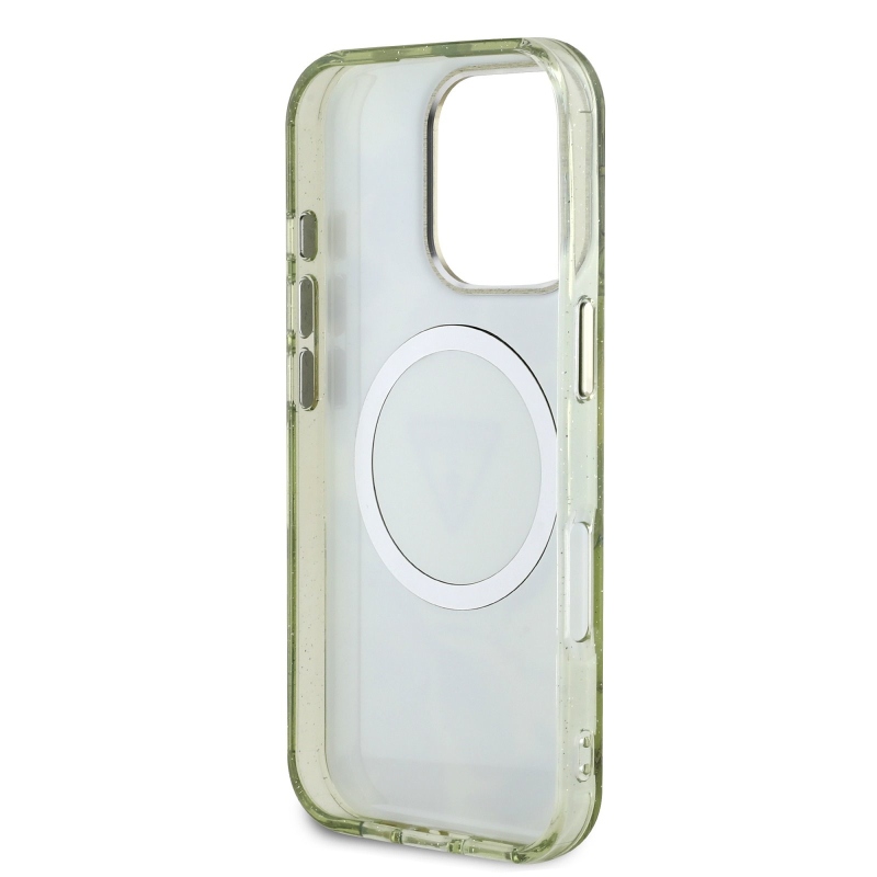 Guess IML Glitter Magnolia and Triangle Logo MagSafe Zadní Kryt pro iPhone 16 Pro Max Green
