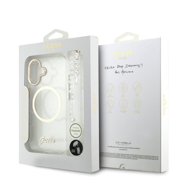Guess IML Glitter Script Strap MagSafe Zadní Kryt pro iPhone 17 Transparent