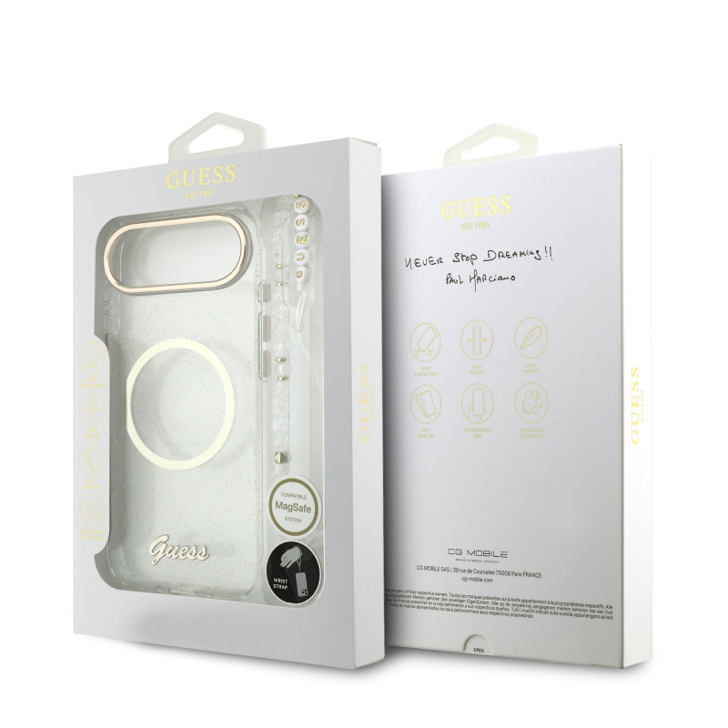 Guess IML Glitter Script Strap MagSafe Zadní Kryt pro iPhone Air Transparent
