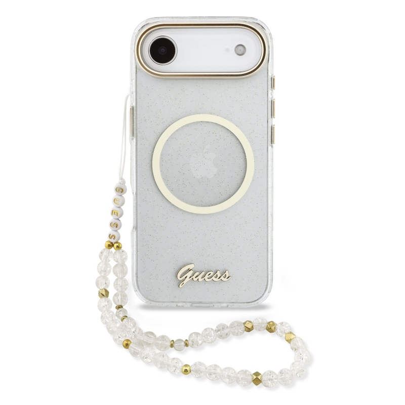 Guess IML Glitter Script Strap MagSafe Zadní Kryt pro iPhone Air Transparent
