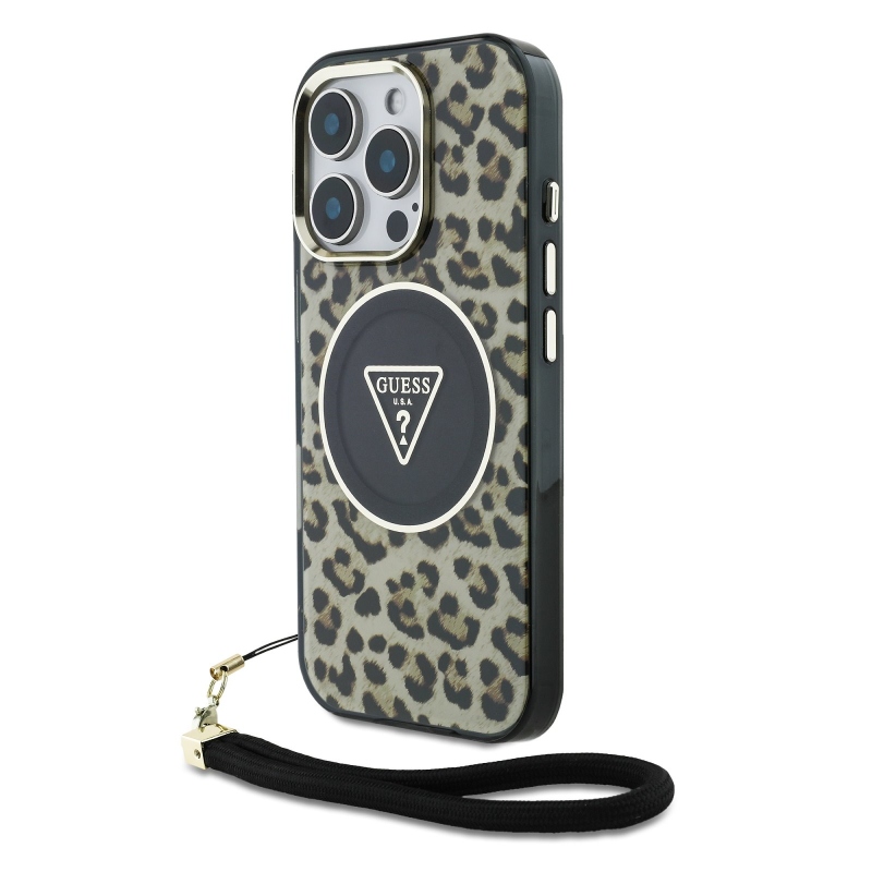 Guess IML Leopard Triangle Logo Strap MagSafe Zadní Kryt pro iPhone 16 Pro Max Brown