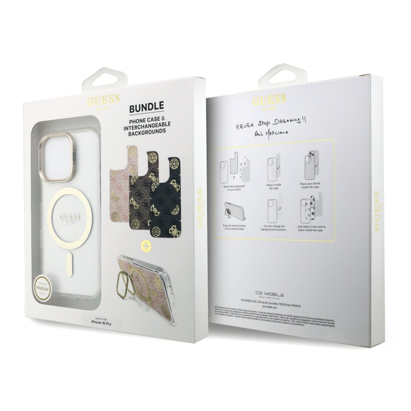 Guess PC/TPU Electroplated Stand Camera Frame Zadní Kryt s Vyměnitelným Pozadím pro iPhone 16 Pro