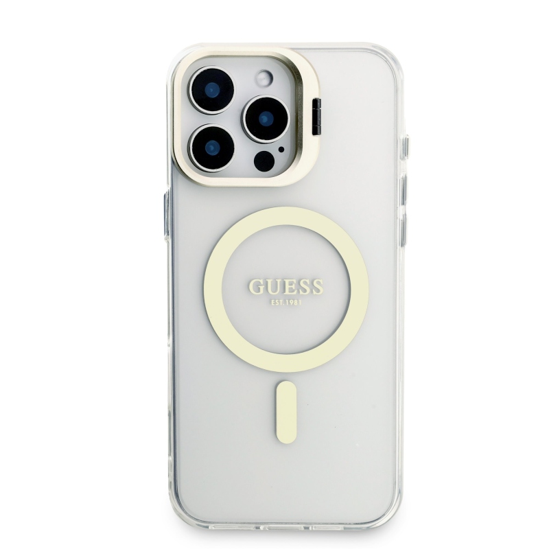 Guess PC/TPU Electroplated Stand Camera Frame Zadní Kryt s Vyměnitelným Pozadím pro iPhone 16 Pro Max