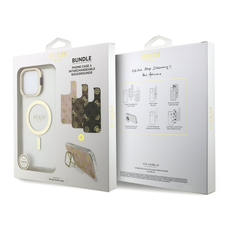 Guess PC/TPU Electroplated Stand Camera Frame Zadní Kryt s Vyměnitelným Pozadím pro iPhone 16 Pro Max