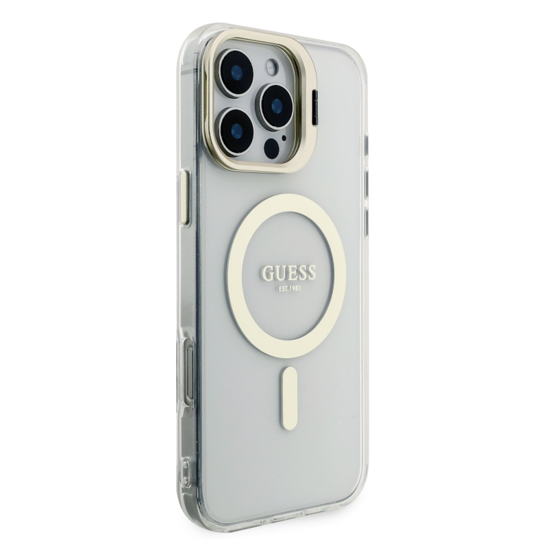 Guess PC/TPU Electroplated Stand Camera Frame Zadní Kryt s Vyměnitelným Pozadím pro iPhone 16 Pro Max
