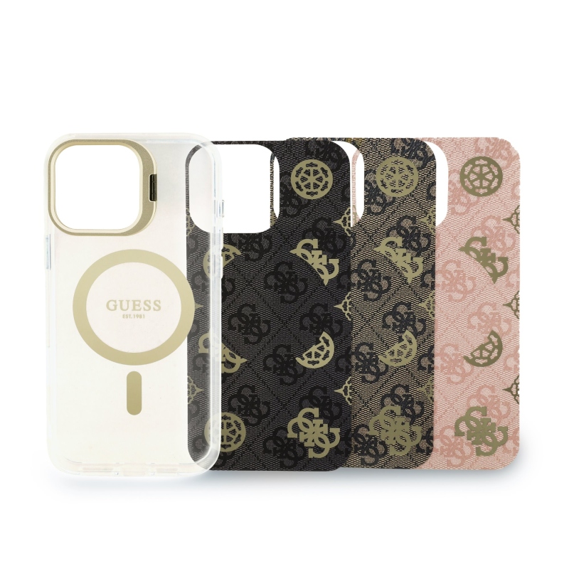 Guess PC/TPU Electroplated Stand Camera Frame Zadní Kryt s Vyměnitelným Pozadím pro iPhone 16 Pro Max