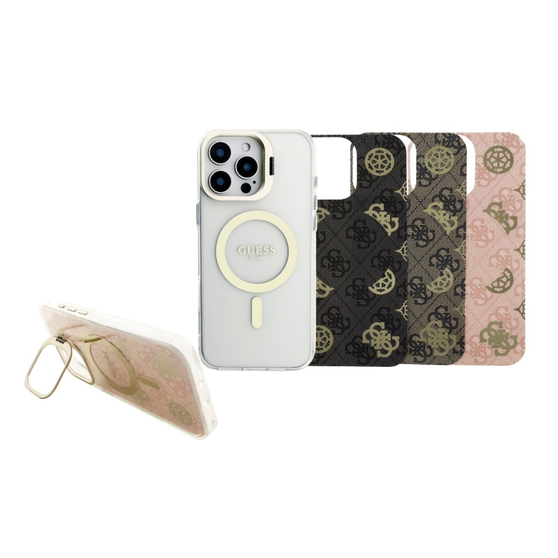 Guess PC/TPU Electroplated Stand Camera Frame Zadní Kryt s Vyměnitelným Pozadím pro iPhone 16 Pro Max