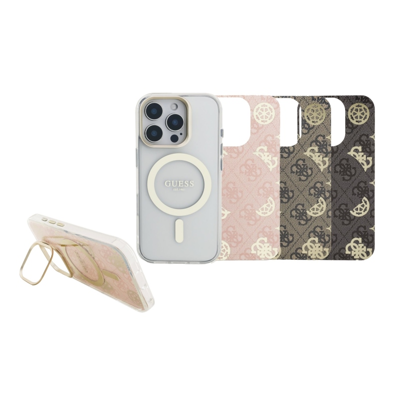 Guess PC/TPU Electroplated Stand Camera Frame Zadní Kryt s Vyměnitelným Pozadím pro iPhone 16 Pro