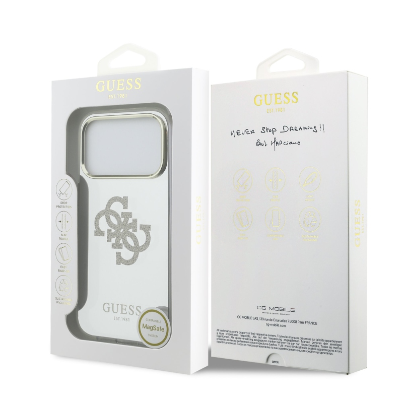 Guess PC/TPU Mirror 4G Glitter Logo MagSafe Zadní Kryt pro iPhone 17 Pro Gold