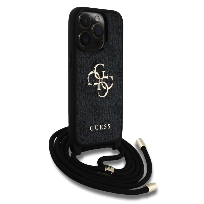 Guess PU 4G Metal Logo Crossbody Popruh Zadní Kryt pro iPhone 15 Pro Black