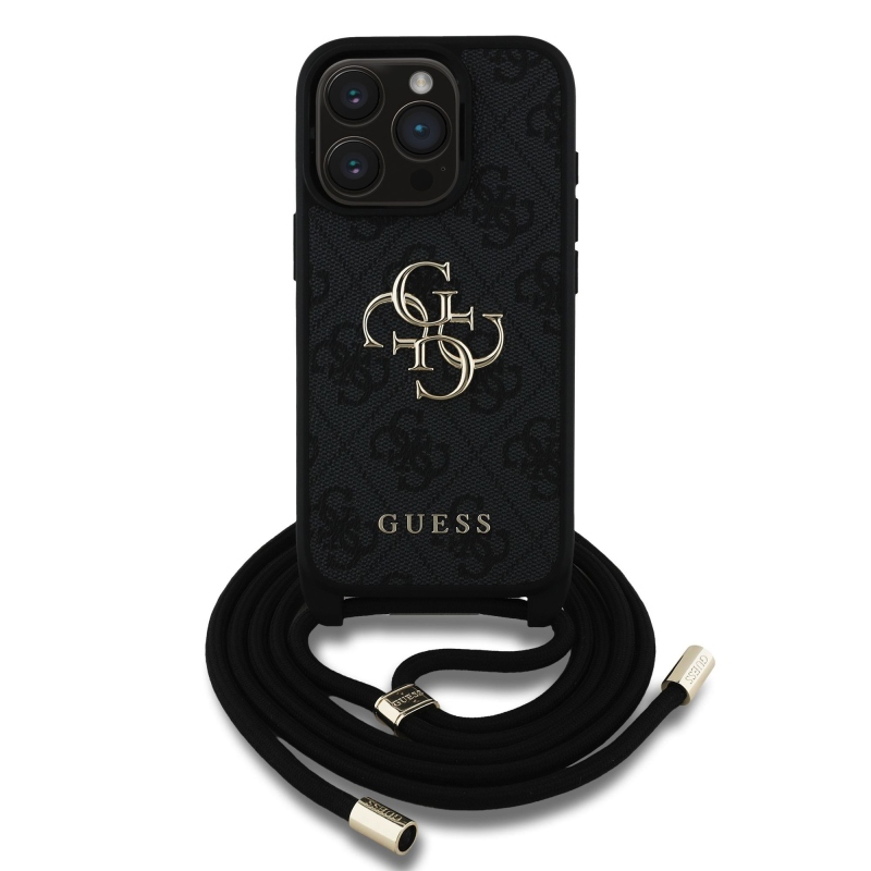 Guess PU 4G Metal Logo Crossbody Popruh Zadní Kryt pro iPhone 15 Pro Black