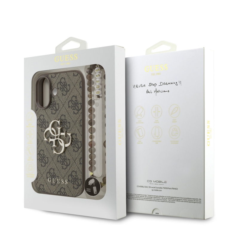 Guess PU 4G Metal Logo Strap Zadní Kryt pro iPhone 17 Brown