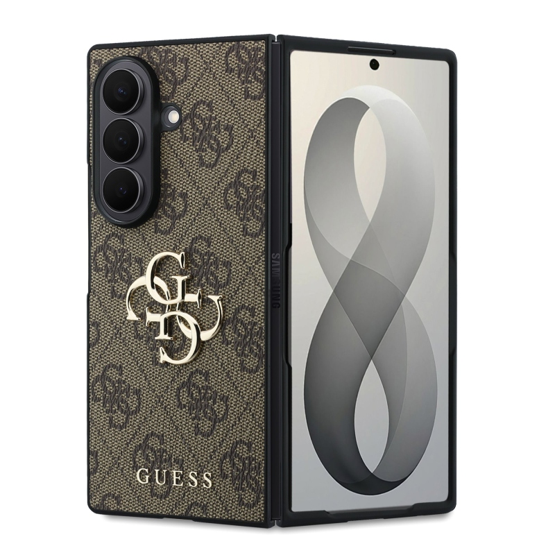 Guess PU 4G Metal Logo Zadní Kryt pro Samsung Galaxy Z Fold 8 Ultra Brown
