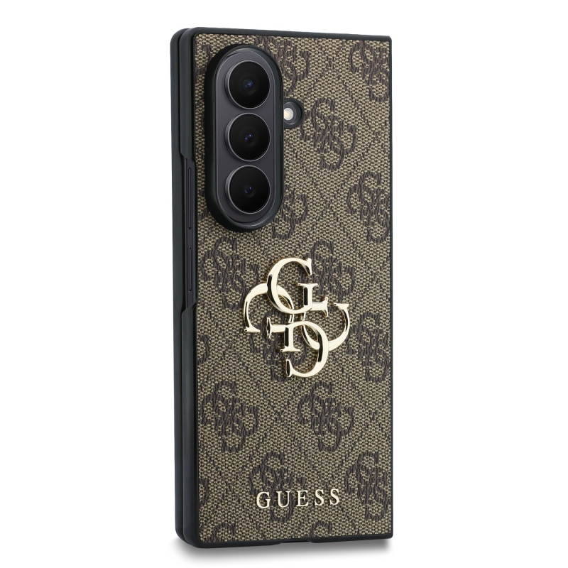Guess PU 4G Metal Logo Zadní Kryt pro Samsung Galaxy Z Fold 8 Ultra Brown