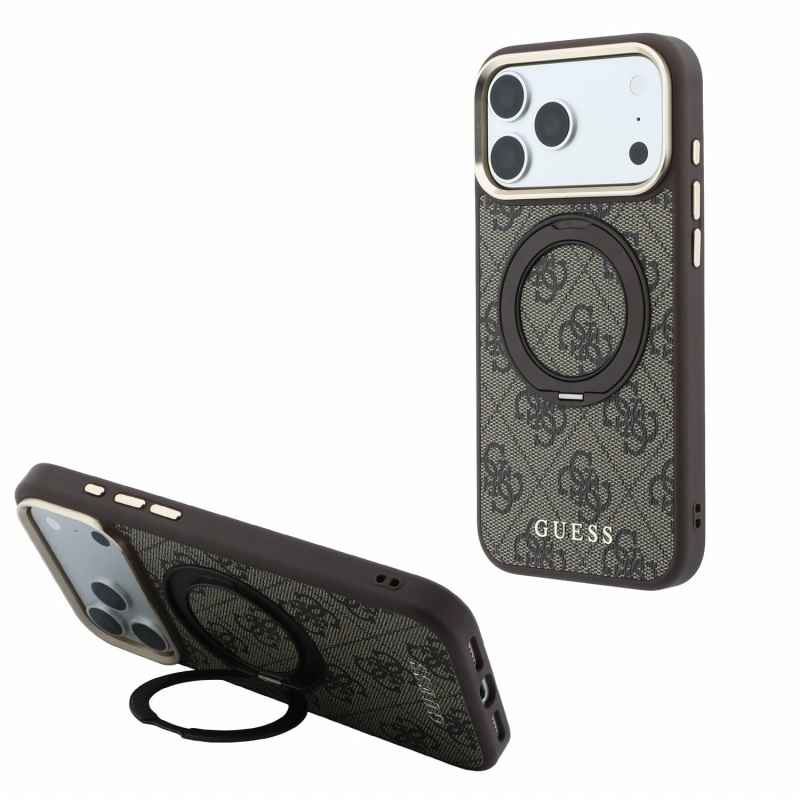 Guess PU 4G Ring Stand MagSafe Zadní Kryt pro iPhone 18 Pro Max Brown