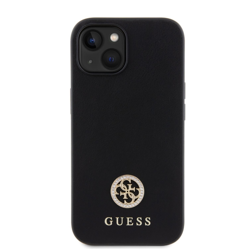 Guess PU 4G Strass Metal Logo Zadní Kryt pro iPhone 15 Black