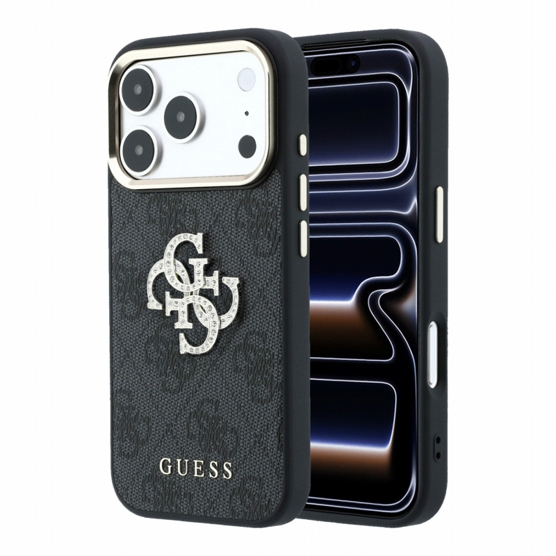 Guess PU 4G Strass Metal Logo Zadní Kryt pro iPhone 18 Pro Black