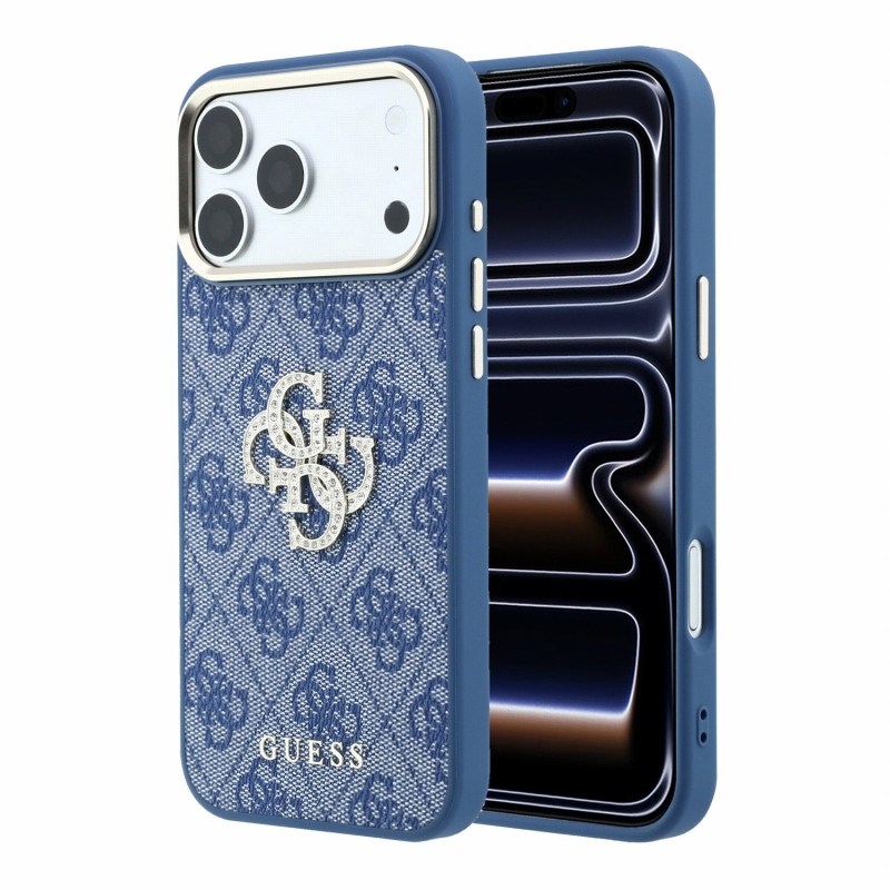 Guess PU 4G Strass Metal Logo Zadní Kryt pro iPhone 18 Pro Blue