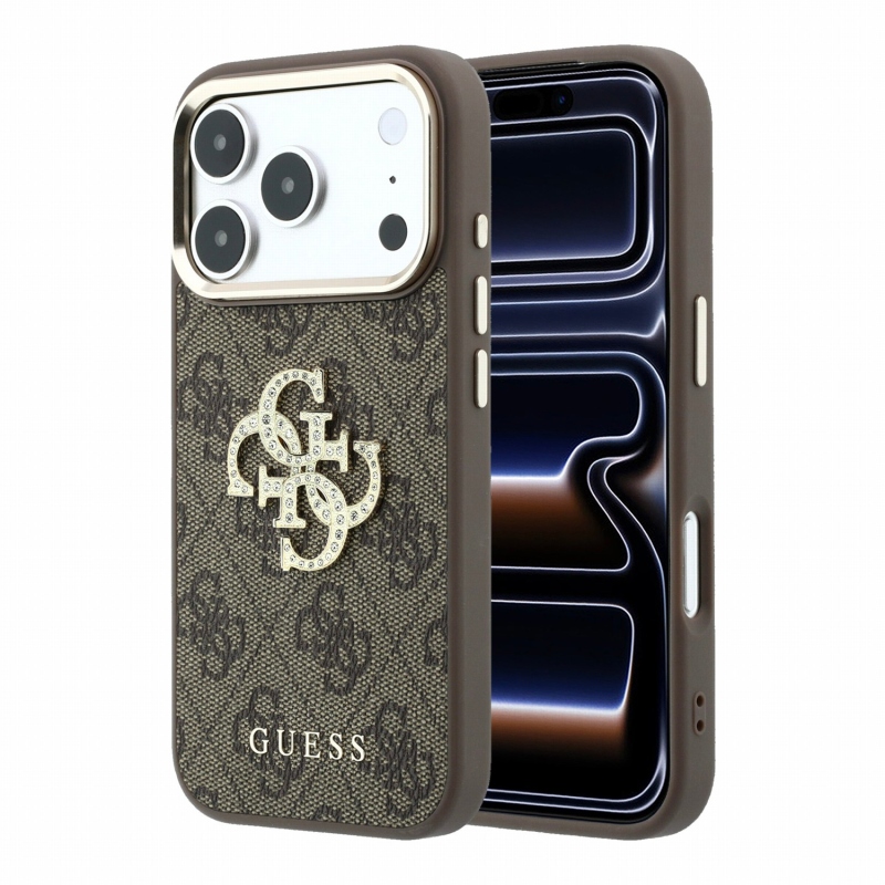 Guess PU 4G Strass Metal Logo Zadní Kryt pro iPhone 18 Pro Brown