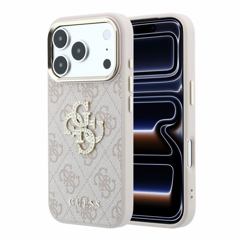 Guess PU 4G Strass Metal Logo Zadní Kryt pro iPhone 18 Pro Pink