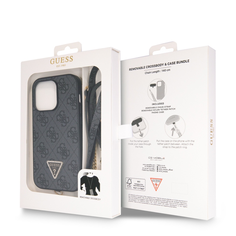 Guess PU 4G Strass Triangle Metal Logo Zadní Kryt + Crossbody Popruh pro iPhone 15 Pro Max Black