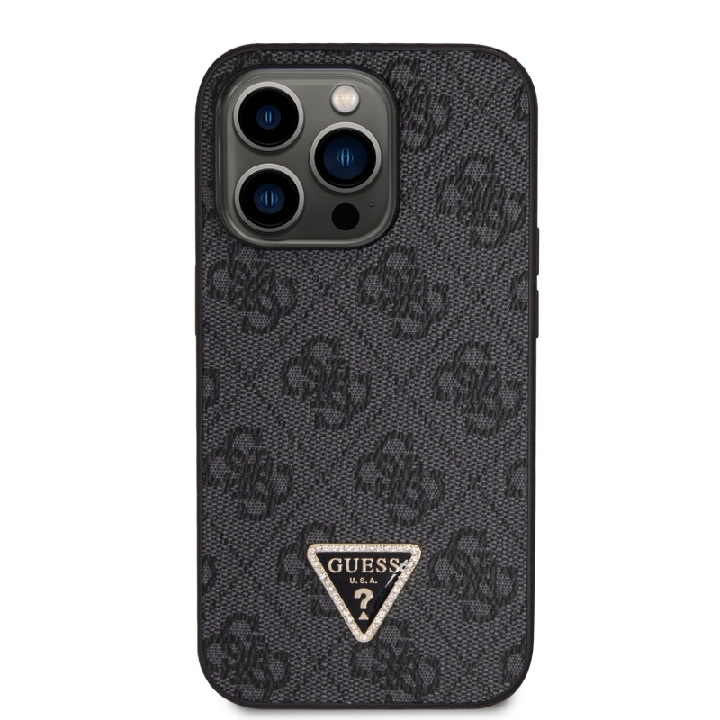 Guess PU 4G Strass Triangle Metal Logo Zadní Kryt + Crossbody Popruh pro iPhone 15 Pro Max Black