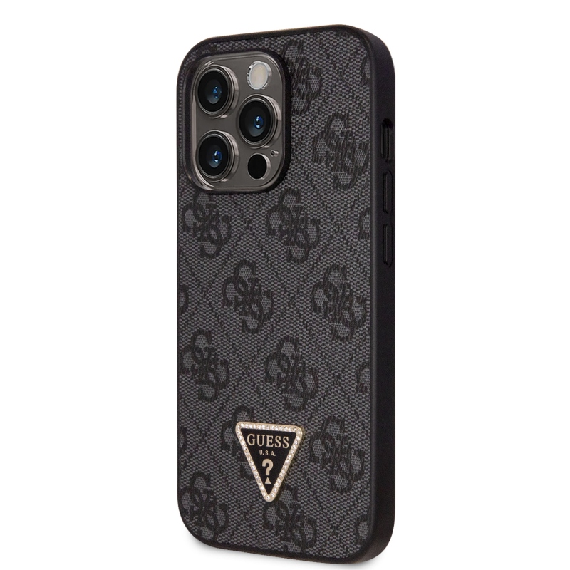 Guess PU 4G Strass Triangle Metal Logo Zadní Kryt + Crossbody Popruh pro iPhone 15 Pro Max Black