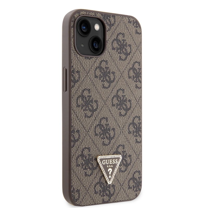 Guess PU 4G Strass Triangle Metal Logo Zadní Kryt pro iPhone 15 Brown