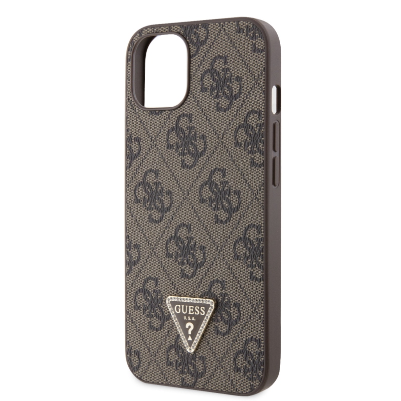 Guess PU 4G Strass Triangle Metal Logo Zadní Kryt pro iPhone 15 Brown