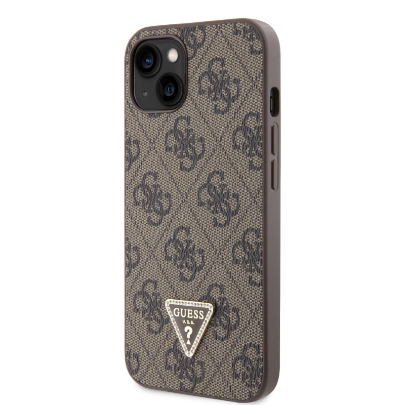 Guess PU 4G Strass Triangle Metal Logo Zadní Kryt pro iPhone 15 Brown